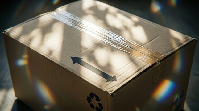 Cardboard box with recycle symbol and double arrow shadows