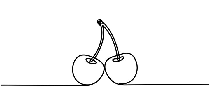 Continuous single line drawing of two cherries isolated on a white background Vector, illustration