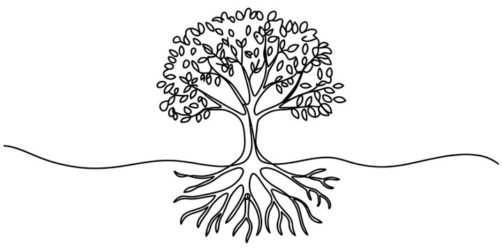 Simple black line drawing of a tree with roots and leaves Vector, illustration