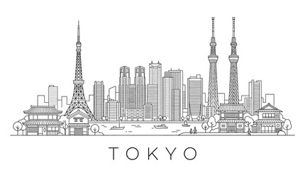 Obraz premium Tokyo skyline silhouette, Japan cityscape, line art, cityscape illustration, modern architecture, traditional buildings, vector art