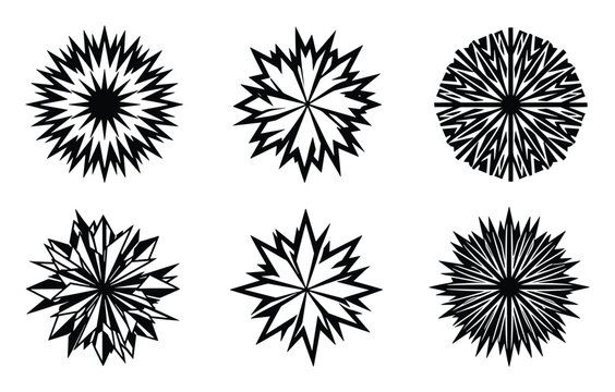 Black abstract tree symbol set featuring angular, spiky design for landscape architecture plans, site mapping, and ranch perimeter layouts