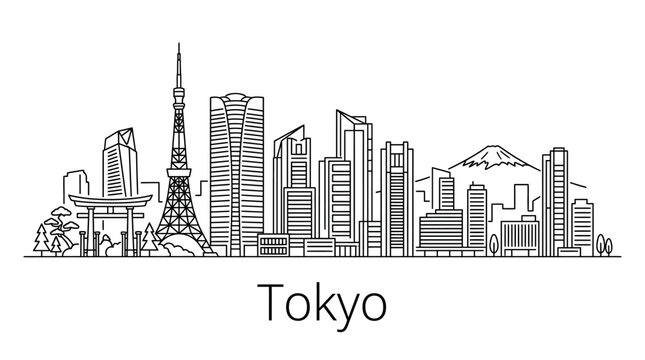 Tokyo Skyline Vector: Iconic Landmarks, Modern Architecture, Mt. Fuji, Torii Gate