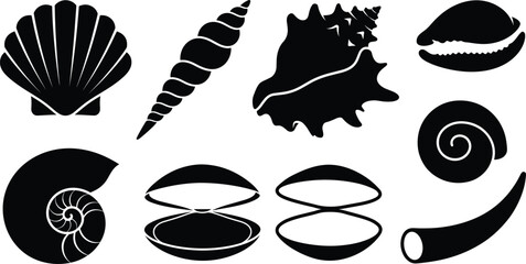 Sea shells and marine conch vector icons set for summer beach ocean nature aquatic decoration design, © pappa