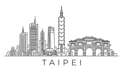 Obraz premium Taipei skyline with iconic buildings and traditional gate, vector illustration