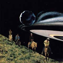 Four cowboys and their horses are traveling south, past towering cliffs and the spectacular sight of Saturn's rings. © Lerson Pannawit
