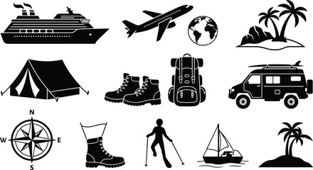 Travel and outdoor adventure icon set vector featuring cruise ship airplane camping tent backpack compass and camper van © pappa