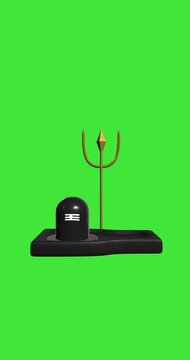 A 3D rendered black Shiva Lingam and golden Trishula rotating 360 degrees against a green screen background for religious festivals and spiritual content creation.