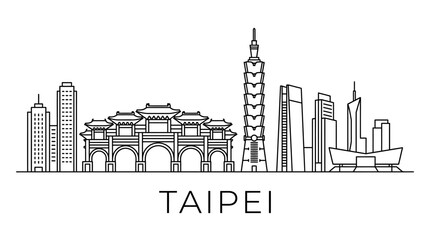 Obraz premium Taipei Skyline: Iconic Landmarks and Modern Architecture, Vector Line Art