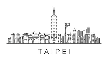 Fototapeta premium Taipei skyline illustration with Taipei 101 and traditional gate, line art city panorama
