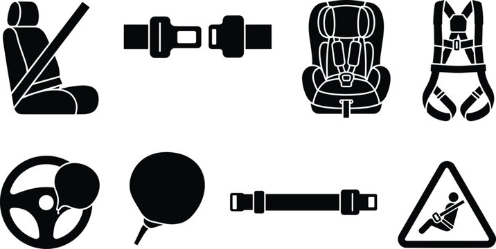 Car safety and seat belt icon set vector featuring airbag child booster seat harness and warning sign