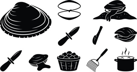 Seafood and clam digging icon set vector featuring bivalve shell shucking knife rake basket and cooking pot © pappa