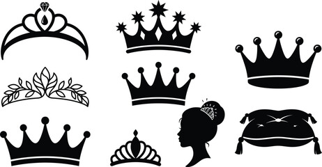 Crown and tiara luxury icon set vector featuring royal diadem princess silhouette queen headwear and velvet pillow © pappa