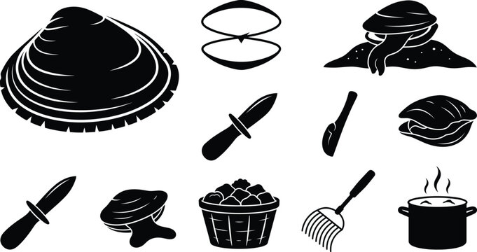 Seafood and clam digging icon set vector featuring bivalve shell shucking knife rake basket and cooking pot