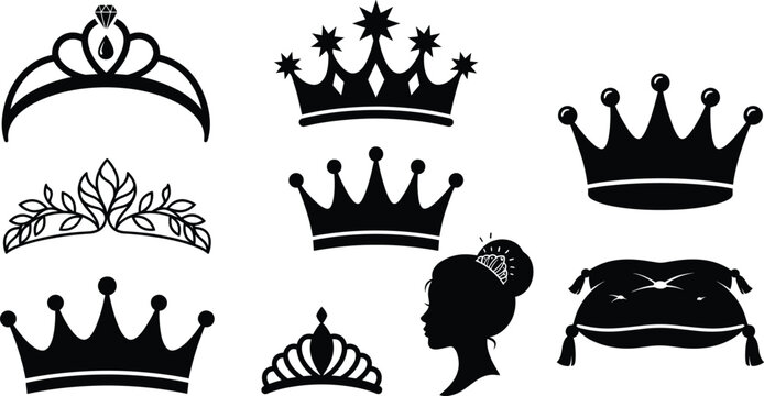 Crown and tiara luxury icon set vector featuring royal diadem princess silhouette queen headwear and velvet pillow