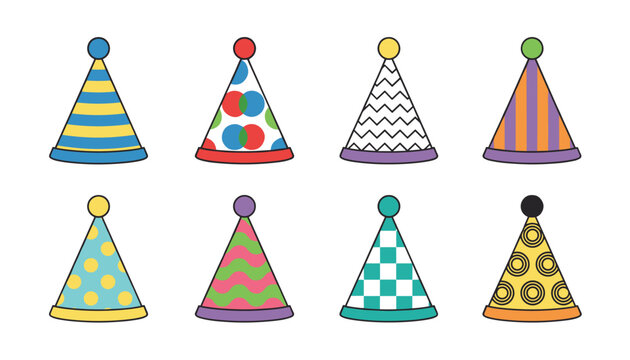 Set of eight unique colorful party hats each with distinct patterns and a pom pom on top arranged on a white background.