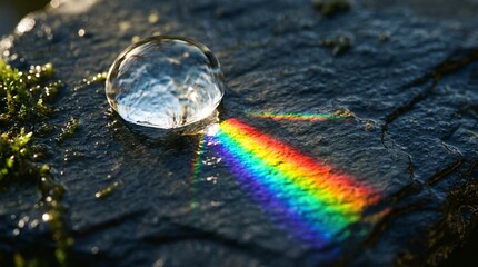 Obraz premium Water droplet splitting daylight into a vibrant rainbow spectrum on a mossy rock surface