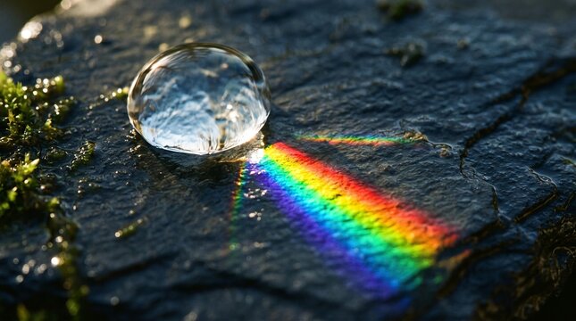 Water droplet splitting daylight into a vibrant rainbow spectrum on a mossy rock surface