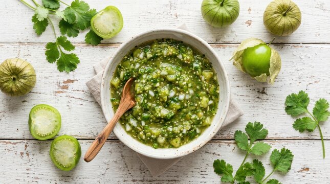 Fresh homemade tomatillo salsa verde in a rustic ceramic bowl