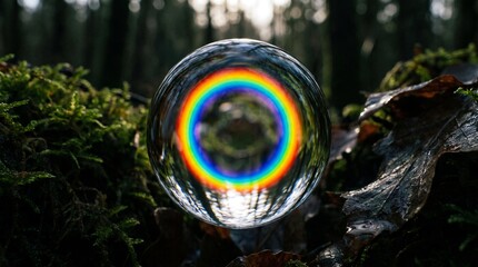 Obraz premium Vibrant rainbow spectrum captured within a clear sphere on moss in a sunlit forest.