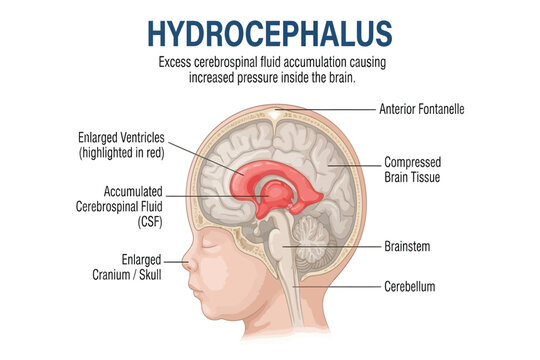 Hydrocephalus medical infographic showing enlarged ventricles and cerebrospinal fluid accumulation in infant brain.