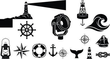 Nautical and maritime navigation icon set vector featuring lighthouse ship steering wheel anchor compass wave and lantern © pappa
