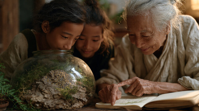 Vietnamese grandmother and granddaughter press their noses close to a miniature terrarium in a narrow apartment, the grandmother pointing to a tiny springtail colony visible on