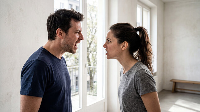 Couple argues loudly in a bright room during the day