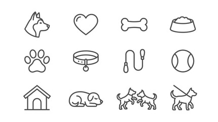 Dog Icons Set: Husky, Paw Print, Bone, Collar, Leash, Ball, House, Food Bowl © Cimol
