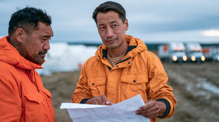 Mongolian disaster relief field coordinator consults a paper site map with a Maori logistics team member outside a row of temporary aid shelters, supply delivery trucks visible in