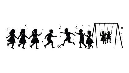 Obraz premium Set of black silhouettes showing children playing together with a soccer ball and using a swing set in a recreation scene.