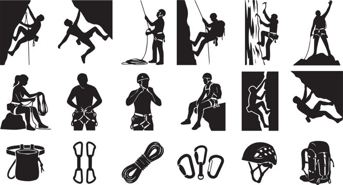  Rock Climbing Silhouette Collection, Mountain Climber Equipment and Adventure Sports Set Isolated on White Background for Outdoor Recreation Design