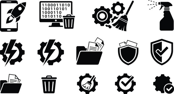 System optimization and computer cleaning icon set vector featuring rocket boost trash bin folder shield and gears