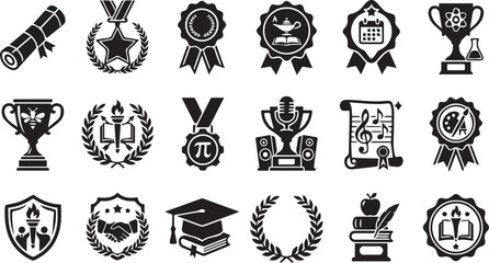 Fototapeta premium Academic Achievement Award Badge Silhouette Collection, Education Graduation Recognition Trophy Medal Certificate Icons Isolated on White Background Design