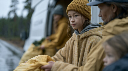 Fototapeta premium Sami food bank mobile distribution van parked on a rain-soaked rural road, volunteers handing produce bags through the side door to families, a child peeking from behind a