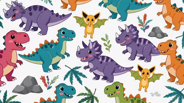 Seamless pixel art pattern with cute colorful dinosaurs, plants, and rocks, fun cartoon style for kids