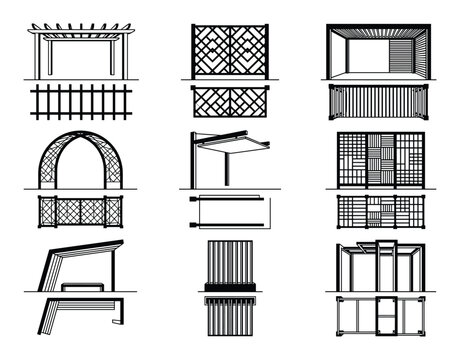 Vector collection of garden pergolas, trellises, and arbors for landscape design, outdoor architecture plans, and backyard decoration