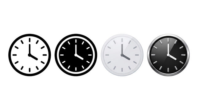 Analog clock icon collection. Round timepiece and wall clock symbols. Time management design element. Clean vector illustration
