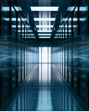 Data Center Hallway: A modern, sleek hallway within a state-of-the-art data center, with rows of server racks stretching into the distance, illuminated by cool, futuristic lighting.