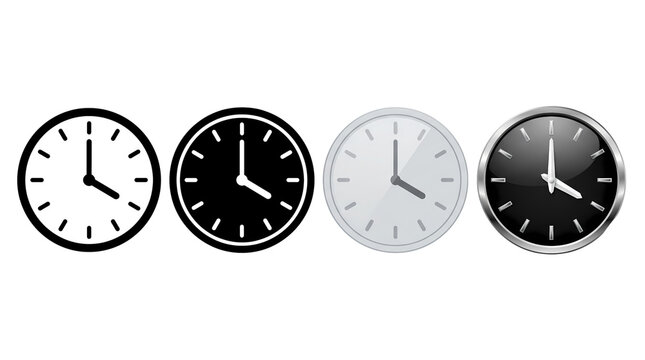Analog clock icon set. Round wall clock and time symbol collection. Schedule and timekeeping design element. Clean vector illustration
