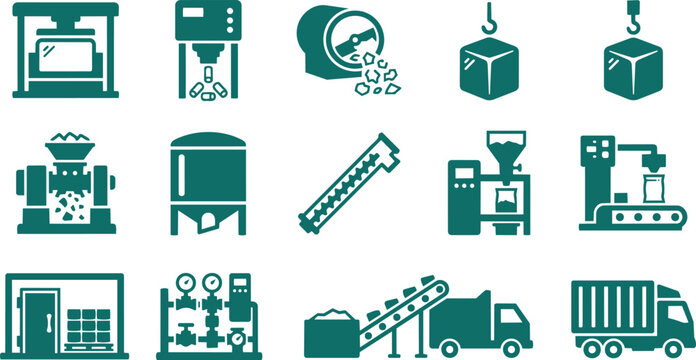 Industrial icons, factory symbols, manufacturing signs, logistics graphics, 16 teal vector illustrations