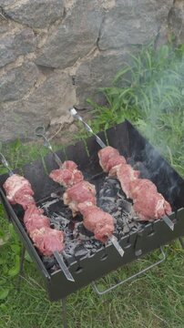 Marinated pork shashlik grilling on charcoal barbecue