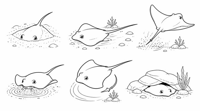 Set of stingray illustrations in different poses, marine life art