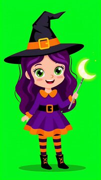 Cute witch girl with magic wand, holding crescent moon, green screen, Halloween character, cartoon style, pixel art