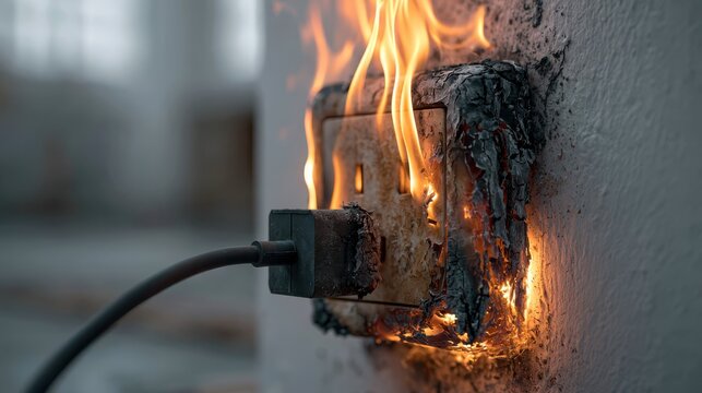 An electrical outlet is engulfed in flames, showing a dangerous fire hazard from an overloaded or faulty power source.