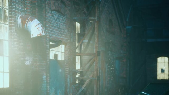 A scene shows an abandoned factory with old brick walls. A metal pipe runs along the side. Light from the windows creates shadows on the ground. The atmosphere feels eerie.