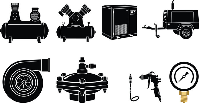 Air compressor and industrial machinery icon set vector featuring pressure gauge paint spray gun turbine and equipment