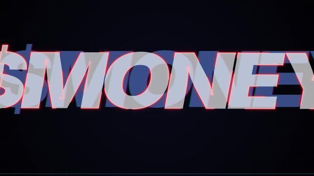 $MONEY Text in Futuristic Glitch Style with Glowing Neon Edges, Digital Currency and Financial Technology Concept Art on Dark Grid