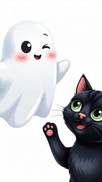 Cute cartoon ghost playing with a black cat on a white background, animation loop