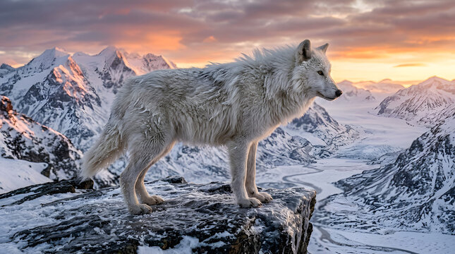 Arctic wolf howling at sunset on snowy mountain peak. Majestic wild gray wolf standing on icy cliff in winter wilderness landscape.