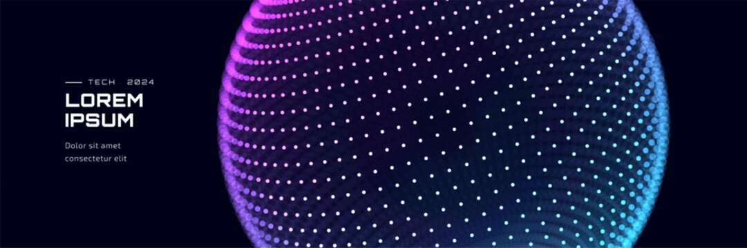 Abstract digital globe with glowing dots and polygonal network lines. Dark background futuristic tech sphere in blue and purple. Neon gradient global communication ai data and world network.